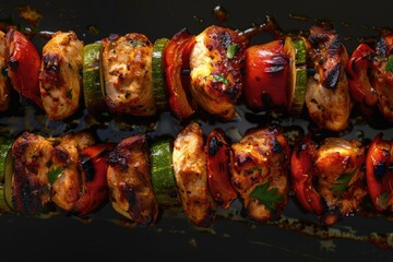 Wall Mural - A close up of a skewer of meat and vegetables. Ideal for food and cooking concepts
