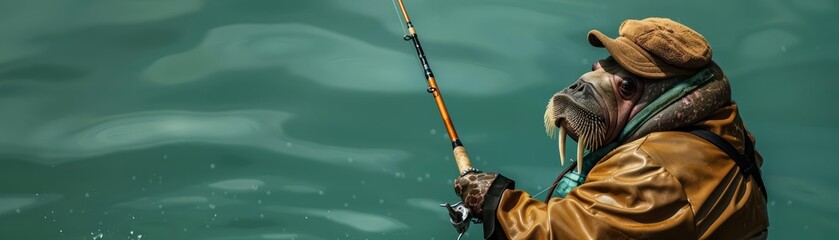 A walrus in a fisherman s outfit with a hat and fishing rod, holding a fish, against a sea green background with copy space