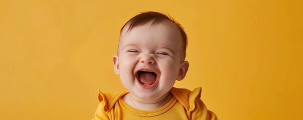 Wall Mural - A joyful baby with a contagious giggle stands out against a serene pastel orange backdrop