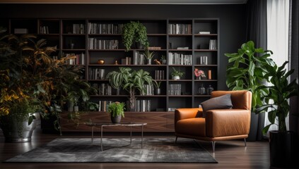 Wall Mural - Living room with plants and sofa style chair with bookcase, dark and brood