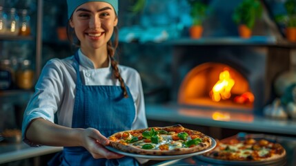 Wall Mural - Smiling Chef Offering Fresh Pizza