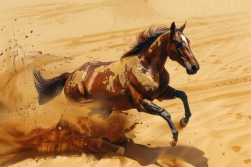 Wall Mural - A beautiful brown and white horse galloping on sandy beach. Ideal for travel and animal themes