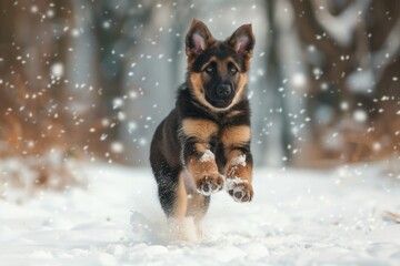 Wall Mural - A dog running through the snowy woods, perfect for winter themes