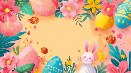 Wall Mural - Illustration cards blank template for text of Easter Sunday in colorful styles, with vibrant Easter egg and bunny icons, including space for text in the center for text