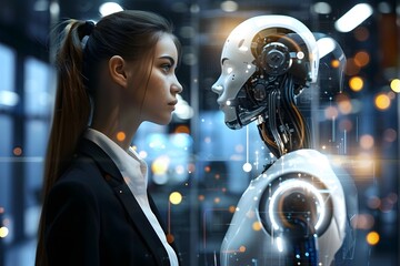 Wall Mural - Businesswoman and AI robot facing each other in front of a glass, futuristic technology and artificial intelligence concept