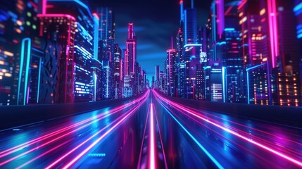 Wall Mural - Urban cityscape with vibrant neon lights, perfect for modern city concepts