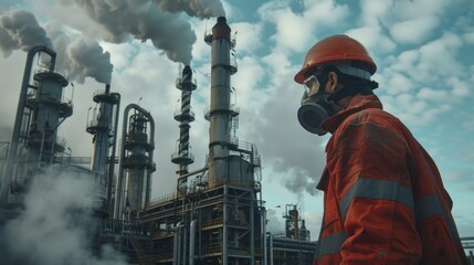 Poster - A man wearing a gas mask standing in front of a factory. Suitable for industrial and environmental themes