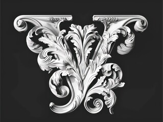 Wall Mural - V letter intricate white baroque graceful sculptures, black background