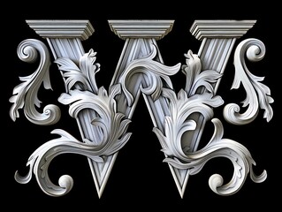 Wall Mural - W letter intricate white baroque graceful sculptures, black background