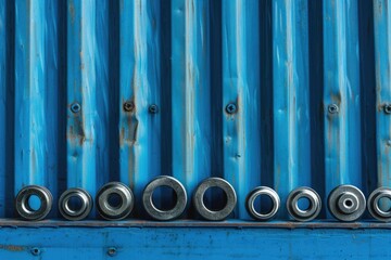 Poster - Row of metal wheels on a blue wall, perfect for industrial concepts