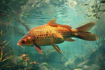 Sticker - A beautiful goldfish swimming peacefully in a pond. Suitable for aquatic themes