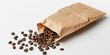 © Fatema - Blank brown kraft paper coffee bag with coffee beans spilling out on a white background