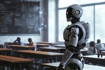Wall Mural - Advanced robot  teaching a classroom of students, AI generated
