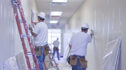 Wall Mural - A team of painters carefully priming the walls of a newly renovated office space.