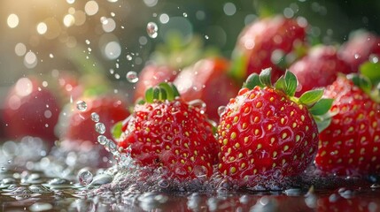 Wall Mural - Vibrant close-up of juicy strawberries with sparkling water droplets highlighting their fresh look