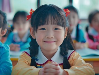 Close-up of a joyful asian girl child with braided hair smiling brightly in a classroom, surrounded by happy classmates, showcasing a positive learning environment.