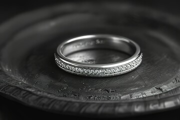 Wall Mural - A silver ring with diamonds on it sits on a black plate