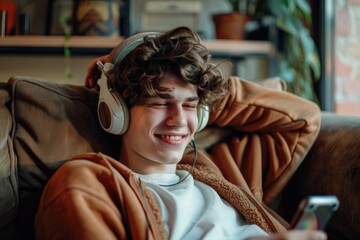 Wall Mural - A young man sitting on a couch with headphones
