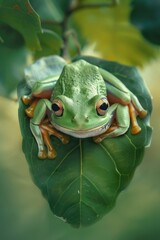 Poster - A green frog perched on a leaf, suitable for nature themes