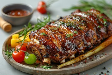 Wall Mural - A large rack of ribs is served with a side of vegetables and a dipping sauce