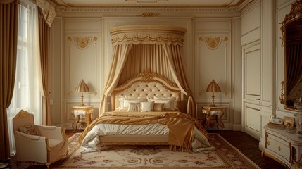 Wall Mural - A luxurious bedroom with a large bed and a canopy