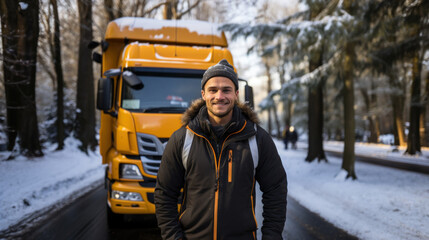 Cheerful man wearing winter clothing standing in front of a parked yellow truck on a snowy road