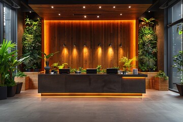 Wall Mural - A large lobby with a wooden wall and a green plant