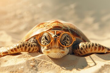 A cute turtle wearing glasses relaxing on the sandy beach. Perfect for summer vacation concepts