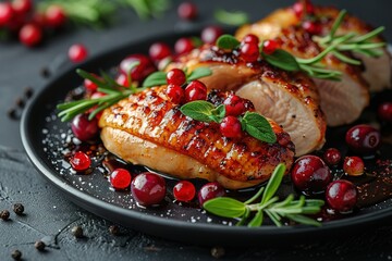 Wall Mural - A plate of chicken with cranberries and parsley on top