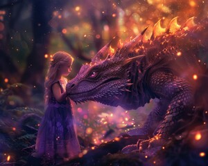 Wall Mural - A young girl with blonde hair and a purple dress pets the head of an adorable dragon in a magical forest filled with glowing lights.