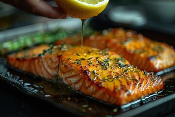 Wall Mural - A person is pouring lemon juice over a piece of salmon