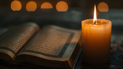 A candle is lit on a table next to an open book