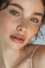 Poster - Close-up of a woman with freckles. Ideal for beauty and skincare concepts