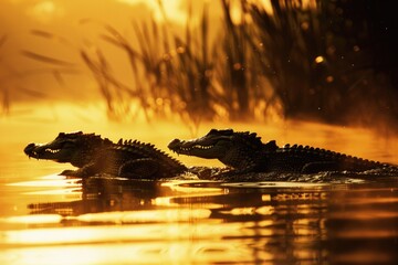 Two alligators swimming in the water, suitable for nature concepts