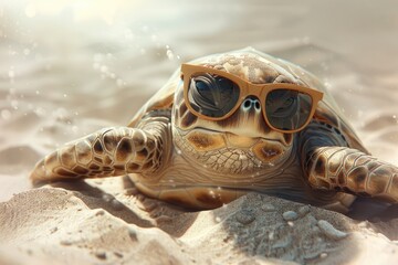 Wall Mural - A turtle wearing sunglasses relaxing on the sandy beach. Suitable for travel and summer vacation concepts