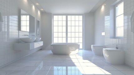 Wall Mural - White Bathroom With Tub and Plant