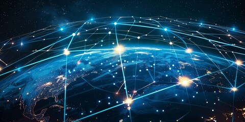 Wall Mural - 5g telecommunications world space low orbit global connection internet satellite web data network