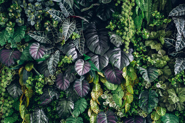 Wall Mural - Close-up of a group of green leaves, providing a textured and abstract nature background. Rich foliage textures, exotic greenery, and botanical patterns..