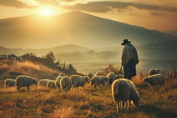 Wall Mural - A man standing among a herd of sheep. Suitable for agricultural and rural concepts