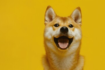 Wall Mural - Close up of a dog on a vibrant yellow background, suitable for various projects