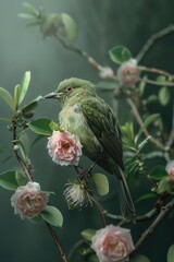 Canvas Print - A green bird perched on a branch with pink flowers. Perfect for nature-themed designs