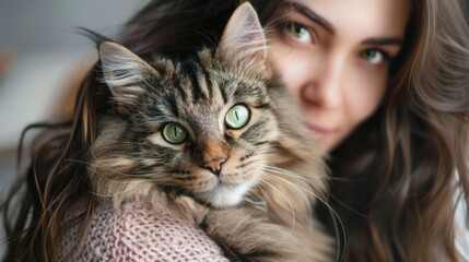 Poster - A woman holding a cat with striking green eyes, perfect for pet-related designs