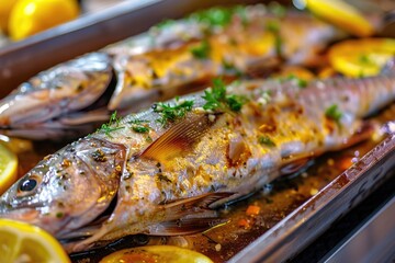 Poster - Close up of a fish cooking on a pan with fresh lemons, ideal for food and cooking concepts