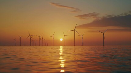 Wall Mural - Windmills standing in the ocean during a beautiful sunset. Ideal for renewable energy or coastal landscapes