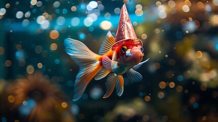 Wall Mural - A giggling guppy fish wearing a party hat swims joyfully in its tank, bringing a festive vibe to aquariums.