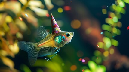 A giggling guppy fish wearing a party hat swims joyfully in its tank, bringing a festive vibe to aquariums.