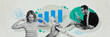 © deagreez - Sketch image 3D collage of horizontal panorama man lady project office manager bully bossy scream loud confused headache landline phone
