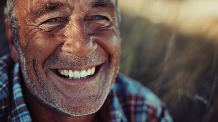 Sticker - A close up of a man with a smile on his face, suitable for various projects