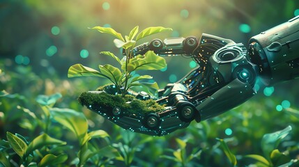 portrait of robot hand touching leaves, robot hand and green plants	