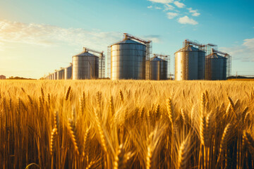 Wall Mural - Field of wheat with silos in the background and blue sky.